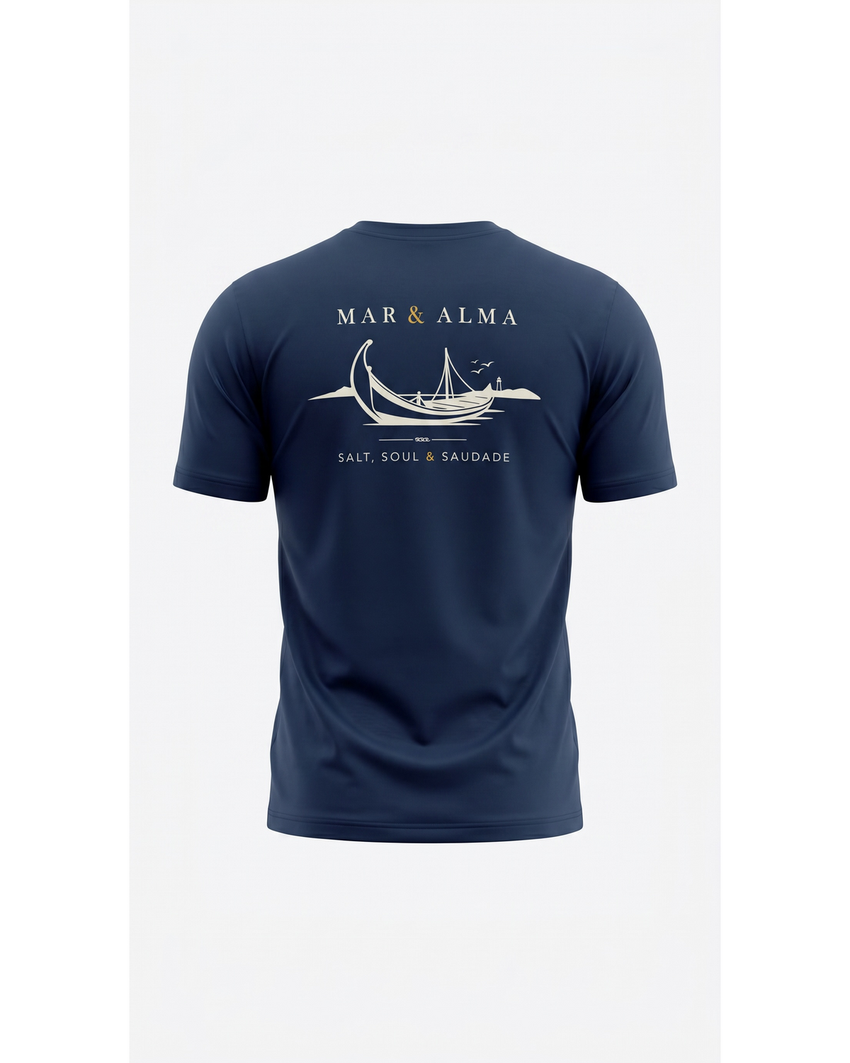 The back of the Founders Tee in navy, the moliceiro under sail above Salt, Soul and Saudade.