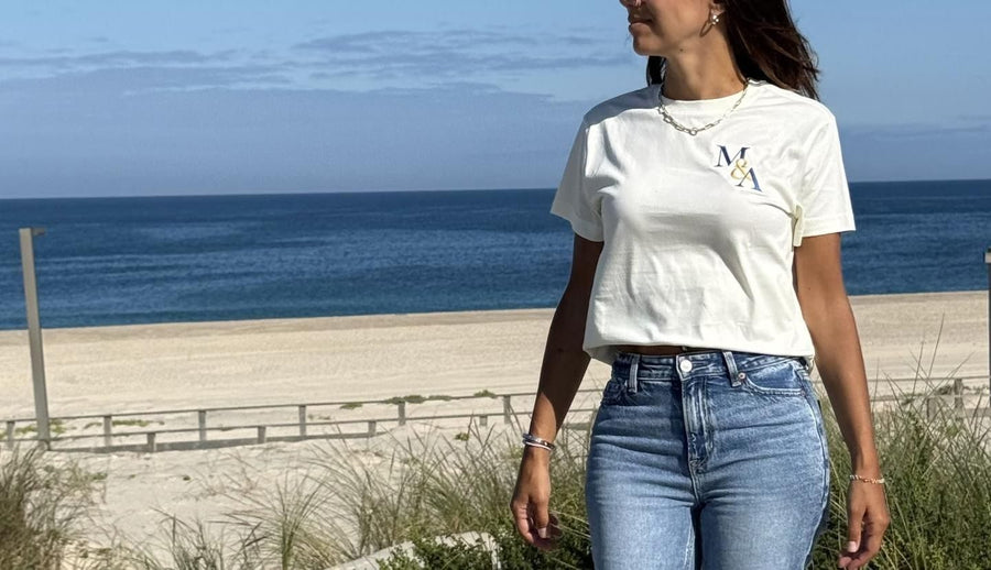 The Founders Tee worn, monogram at the left chest.