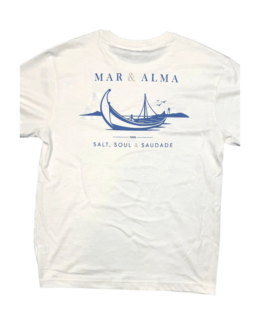 The back of the Founders Tee, the moliceiro under sail above Salt, Soul and Saudade.